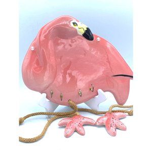 Pink Flamingo Key Holder Ceramic With Rope Dangle Feet Vintagecore/